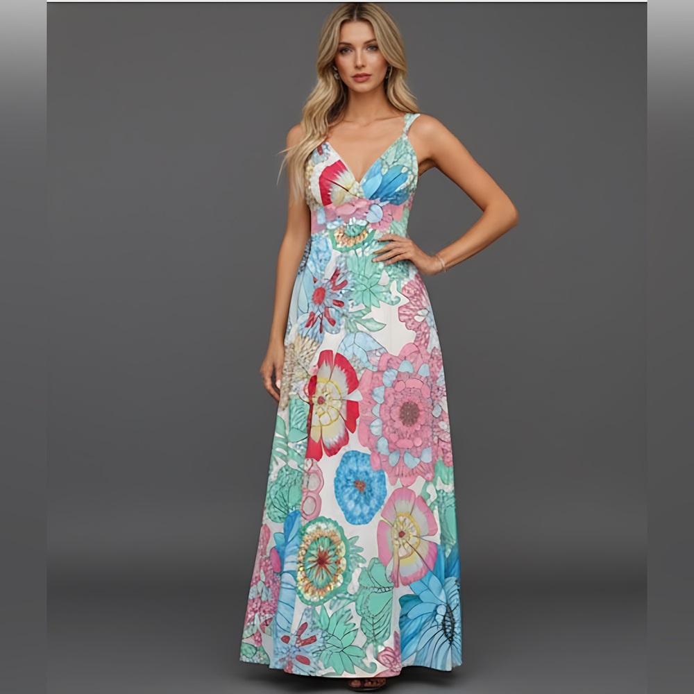 Boho V-Neck Long A-Line Floral Dress Multicolour